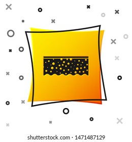 Black Sponge with bubbles icon isolated on white background. Wisp of bast for washing dishes. Cleaning service logo. Yellow square button. Vector Illustration