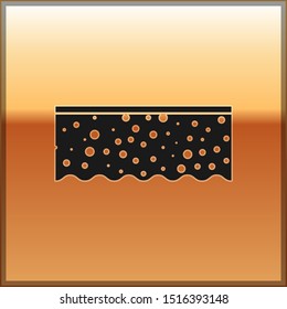 Black Sponge with bubbles icon isolated on gold background. Wisp of bast for washing dishes. Cleaning service logo.  Vector Illustration