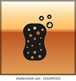 Black Sponge with bubbles icon isolated on gold background. Wisp of bast for washing dishes. Cleaning service logo.  Vector Illustration