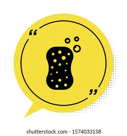 Black Sponge with bubbles icon isolated on white background. Wisp of bast for washing dishes. Cleaning service logo. Yellow speech bubble symbol. Vector Illustration