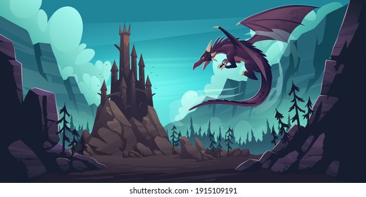 Black spooky castle and flying dragon in canyon with mountains and forest. Vector cartoon fantasy illustration with medieval palace with towers, creepy beast with wings, rocks and pine trees