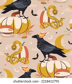 Black spooky crow pumpkin seamless pattern with snake, bat and moon on beige background. Halloween cartoon flat illustration for print, wrapping paper, fabric, wallpaper, cover