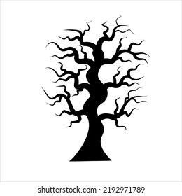 Black Spooky Halloween tree silhouette. Linear doodle style. Halloween concept. Vector illustration.