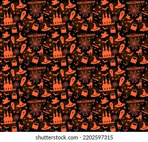 Black Spooky Wallpaper Illustrations. Halloween Seamless Pattern Spiders, Candy, Bats, Coffins, Church, Pumpkin, Cobwebs, Spiders, Hat, Potion Cauldron.