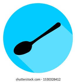 Black spoon circle icon with long shadow on blue background. Vector Illustration for cutlery symbol.  