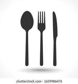 black spoon and fork knife icon. Isolated on white background. 
Trendy symbol for restaurant menu. Vector illustration flat design. logo food cafe top view.