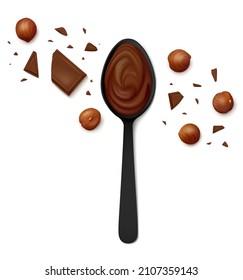 Black spoon of hazelnut cocoa spread, scattered filbert kernels, chocolate pieces and chunks isolated on white background. Top view. Realistic vector illustration.
