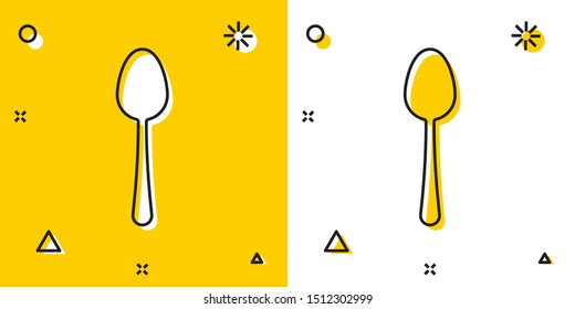 Black Spoon icon isolated on yellow and white background. Cooking utensil. Cutlery sign. Random dynamic shapes. Vector Illustration