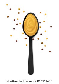 Black Spoon With Mustard Sauce And Scattered Seeds Of Various Colors (yellow, Black And Brown) Isolated On White Background. Top View. Realistic Vector Illustration.