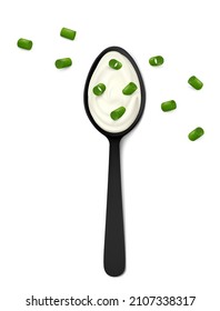 Black spoon with sour cream and chopped green onion (chives) isolated on white background. Top view. Realistic vector illustration.