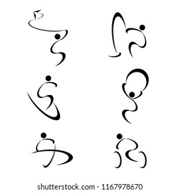 black sport activity line art icon on white isolated background, biking, bird watching, surfing, paragliding, rowing, hiking