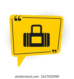 Black Sport bag icon isolated on white background. Yellow speech bubble symbol. Vector