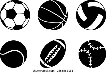 Black Sport Ball Icons. Vector Illustrations of Soccer, Basketball, Volleyball, Tennis and Baseball. American Football Ball