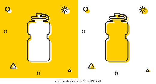 Black Sport bottle with water icon isolated on yellow and white background. Random dynamic shapes. Vector Illustration