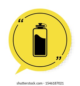 Black Sport bottle with water icon isolated on white background. Yellow speech bubble symbol. Vector Illustration
