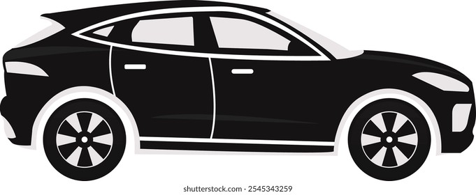 Silueta negra del coche del deporte en el fondo blanco. Vista lateral. Ilustración vectorial.