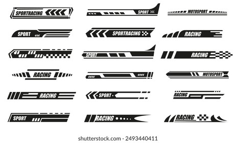 Black sport car stickers. Racing car labels, sport car sticker and fast automobile decals, monochrome car wrap and racing badges. Vector sport stickers isolated set.