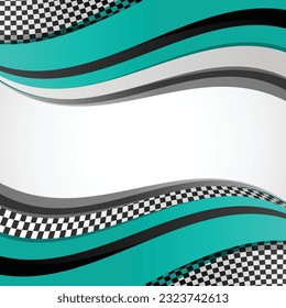 Black sport flag silhouette for start and finish lines. Blue background with checkered waving motorsport race pattern
