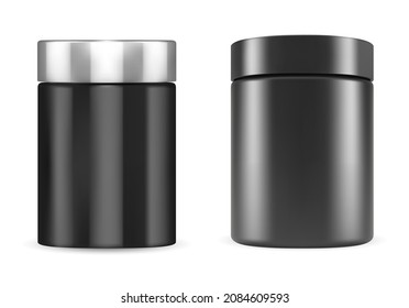 Black sport supplement jar. Cylinder container mockup for vitamin tablets or protein powder, glossy package template. Black tube with cap for whey protein nutrition, muscle workout