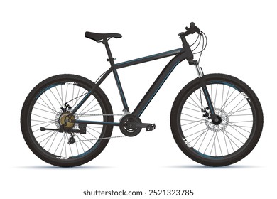 Bicicleta esportiva preta com listras azuis. Vrector mountain bike com um fundo branco