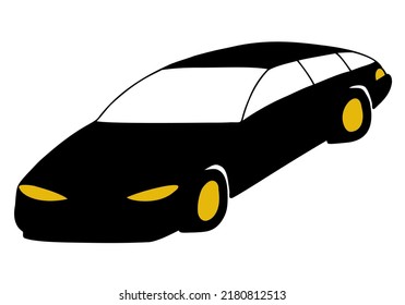 Black sports car with gold alloy caps on wheels. Hand Drawn. Freehand drawing. Doodle. Sketch.	