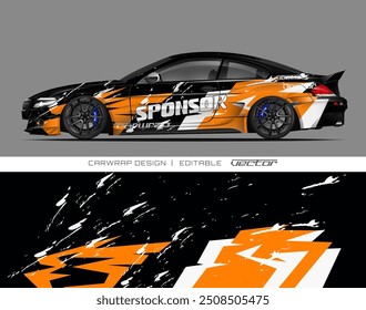 Black sports car with orange and white design, perfect for automotive advertising, car enthusiasts, and luxury lifestyle branding projects.