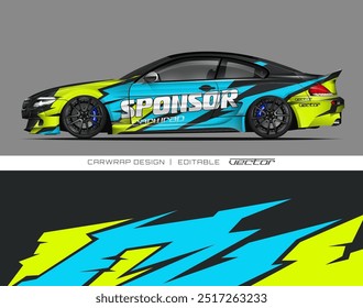 Black sports car with a striking blue, yellow, and white wrap design. Perfect for sports car enthusiasts and automotive themed designs.