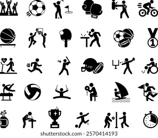 Black Sports Icon Set. Vector Icons of Football, Basketball, Volleyball, Table Tennis, Boxing, Baseball, Golf, Parasports, Water Sports, American Football, and More