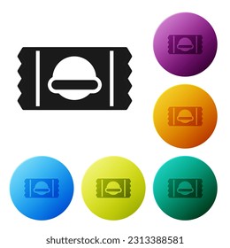 Black Sports nutrition bodybuilding proteine power drink and food icon isolated on white background. Set icons in color circle buttons. Vector