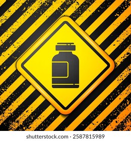 Black Sports nutrition bodybuilding proteine power drink and food icon isolated on yellow background. Warning sign. Vector Illustration