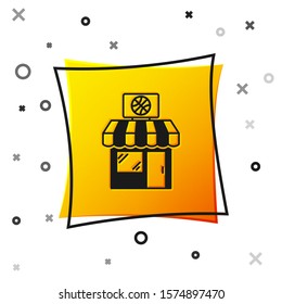 Black Sports shop and basketball ball icon isolated on white background. Sport store. Yellow square button. Vector Illustration