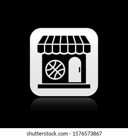 Black Sports shop and basketball ball icon isolated on black background. Sport store. Silver square button. Vector Illustration
