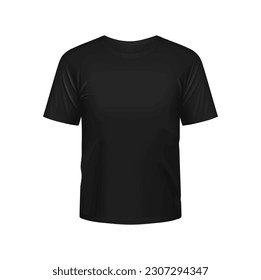 Black sports tshirt for men vector mockup. Isolated t shirt with short sleeves and round neck front view template. Blank apparel design, sportswear realistic 3d mock up