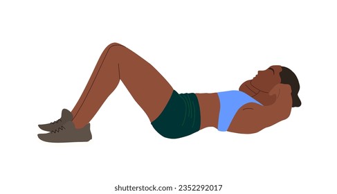 Black sports woman exercising on the floor. African american Female athlete training. Pretty Girl doing fitness, pilates, abdominal exercise. Vector illustration isolated on white background.