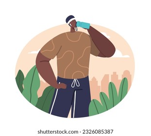 Black Sportsman Character Hydrates Outdoors During A Run, Replenishing Fluids To Maintain Performance