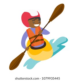 Black sportswoman in helmet and life jacket riding a kayak on river. Woman rowing with a paddle while traveling by boat. Woman paddling a canoe. Vector cartoon illustration. Square layout.