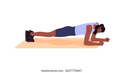 Black sportswoman standing in plank, pumps abs at home. Girl training, does physical exercises in fitness gym. Young woman does sports workout. Flat isolated vector illustration on white background