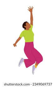 Mujer deportista negra haciendo ejercicio, saltando. Niña afroamericana con colorido uniforme de ropa deportiva. Formación de personajes femeninos. Ilustración vectorial realista aislada en fondo blanco