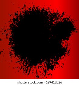 Black spot, brush stroke on a red background., vector object. Impression of an artistic brush, isolated. Smears in ink.  Abstract background, pattern, texture for design, isolated.