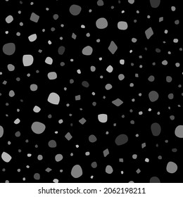 Black Random Spot Confetti. Weißes Muster, Babyfliegen. Kleiner Blob Form Dot. Nahtloser Vektorpunkt. Parteikurven-Hintergrund. Halftone Art Dot Muster. Grauer Fliegender Weihnachtsblast Abstrakter Grafik-Spot.