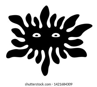 Black spot. Eyes on splash silhouette. Splash with face. Ink blot. Drip black paint. Abstract vector monochrome illustration isolated on white background. Ethnic symbol.