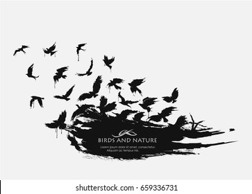 black spot watercolors. Brushstroke texture grunge with birds flying