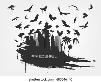 black spot watercolors. Flying birds from city