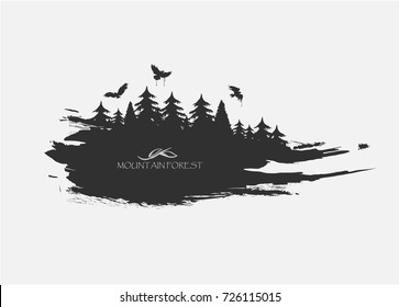 black spot watercolors. Flying birds from dark forest
