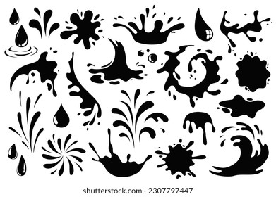 Black spots and drops mega set graphic elements in flat design. Bundle of liquid paint drips splashing, wet dye prints and ink spraying of drawing grunge texture. Vector illustration isolated objects