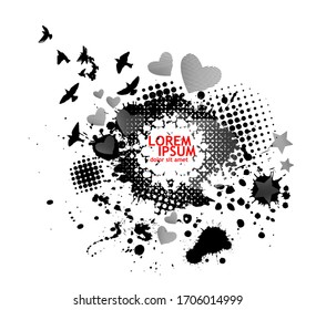 Black spots of paint on a white background. Grunge frame of paint. Abstraction with flying birds. Vector illustration.