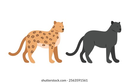 Black and spotted leopard cartoon clipart. Leopard vector illustration in flat style. Hand-drawn wild animal concept