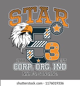 Black spotted orange texts with around star patterned number, white letters and eagle on grey background. Vector illustration.