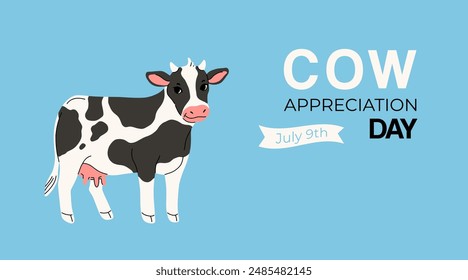 Black spotted white cow standing. Hand drawn cartoon farm animal. Cute illustration for children book isolated on light blue background. Cow appreciation day on july 9th