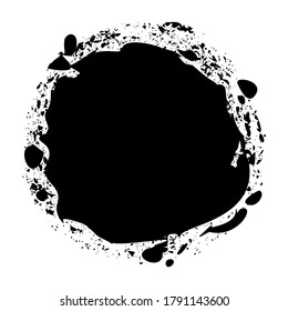 Black spray or brush vector spot as a monochrome design element isolated on white background with ink splatters for backdrop for your content or text.